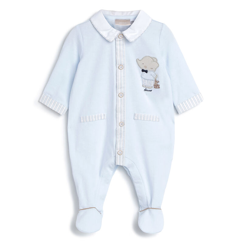 Boys Light Blue Applique Front Opening Babysuit image number 0